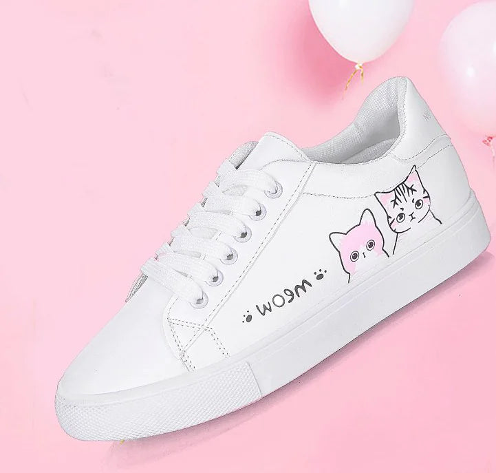 Flat Shoes, Cat Shoes, White Sneakers