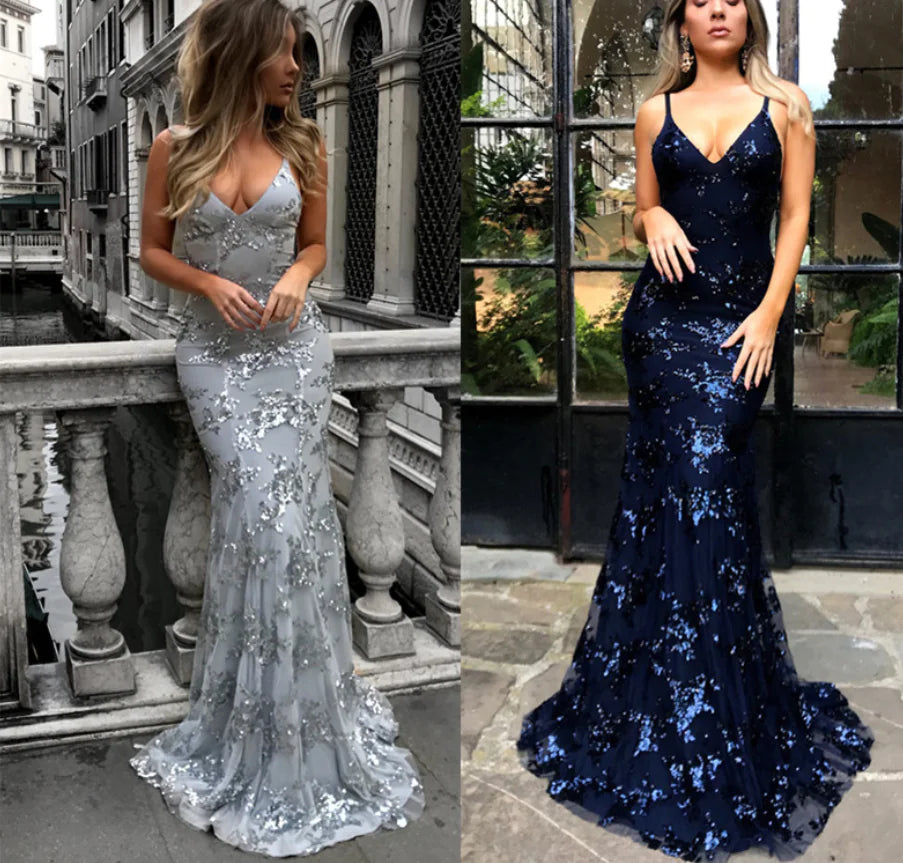 Deep V Sequin Dress with Spaghetti Straps