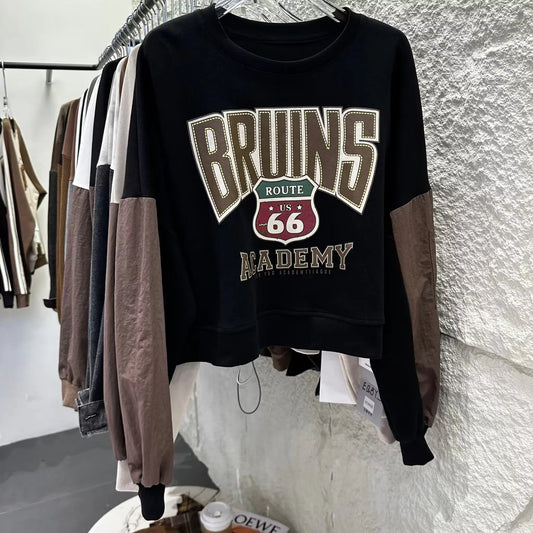 Letter Printed Loose Patchwork Long Sleeve Pullover