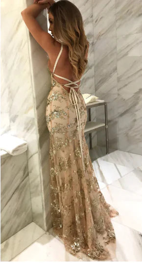 Deep V Sequin Dress with Spaghetti Straps