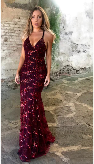 Deep V Sequin Dress with Spaghetti Straps