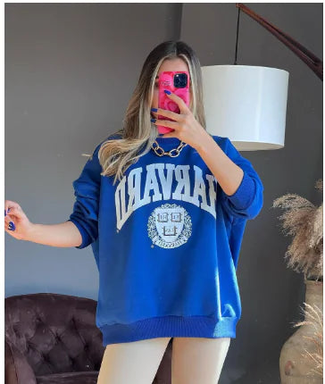 Letter Printed Loose Patchwork Long Sleeve Pullover