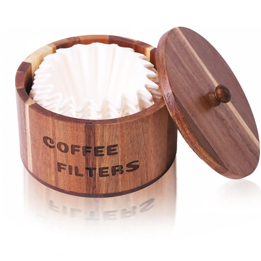 CATORY Coffee Filter Holder Acacia Wood Coffee Filter Storage Round Coffee Filter Container Coffee Bar Organizer Rustic Coffee Filter Dispenser Basket For Coffee Bar Decor